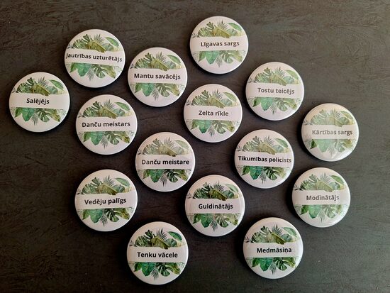 Amatu nozīmītes-piespraudes (15 gab.komplekts - zaļi motīvi)