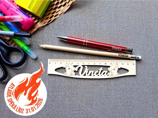 Komplekts "Lineāls (15cm) + zīmulis + alumīnija pildspalva ar vārdu"